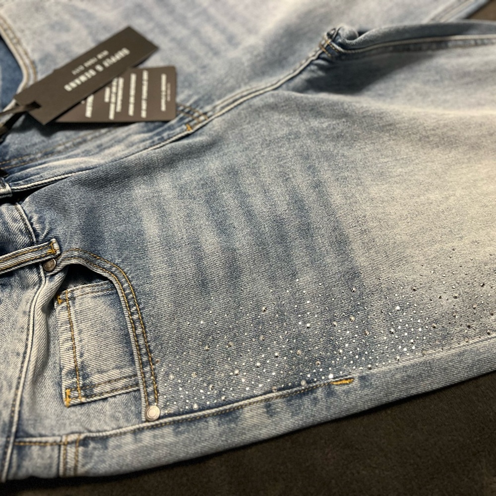 Stylish Light Blue Straight Leg baggy Jeans with diamond Sparkle Accents
